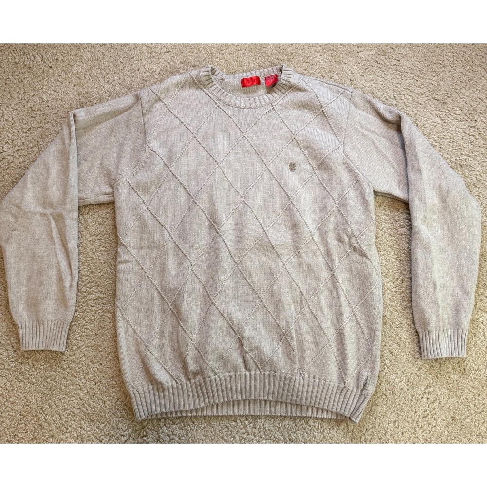 Vintage IZOD Sweater Mens Medium Beige Cotton Logo Tight Knit NWT NEW‎